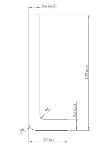 Cantoneira de abas iguais com raio 100MM X 34MM X 9,5MM